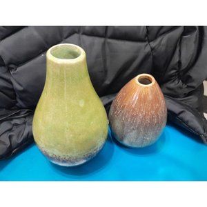 2 Beautiful Pieces Of Unmarked Pottery Greens And Browns Vases No Chips